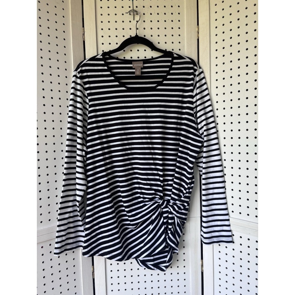 Chico's Long SLV Knot Front‎ Striped Tee Shirt Women's 3 (XL) Cotton Modal